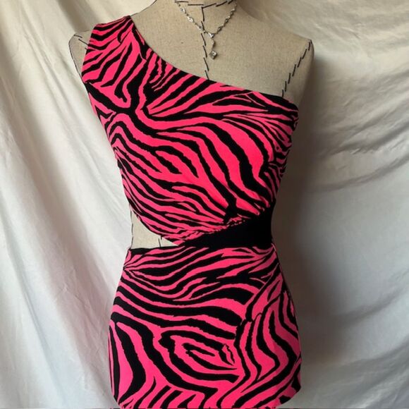 Vintage XXI Hot Pink Zebra Print Cut out mini club dress - Picture 3 of 7
